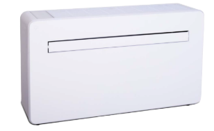 White wall-mounted heat pump unit on a plain background.